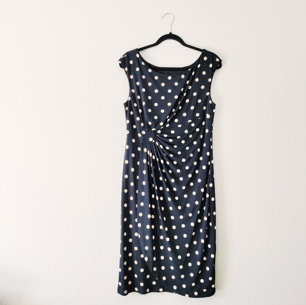 Connected Black & Cream Polka Dot Sleeveless Faux Wrap Dress